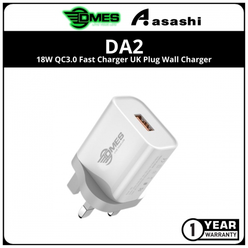 DMES DA2 18W QC3.0 Fast Charger UK Plug Wall Charger - 1Y