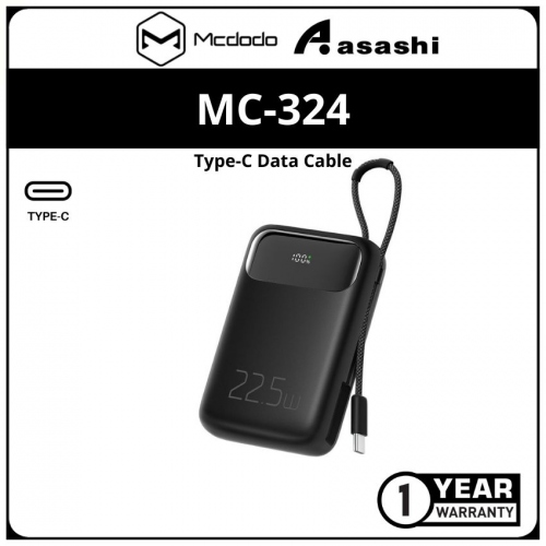 Mcdodo MC-324 (Black | TYPE-C) 22.5W PD+QC 10000mAH Power Bank Build-in Cable With Digital Display For Type-C