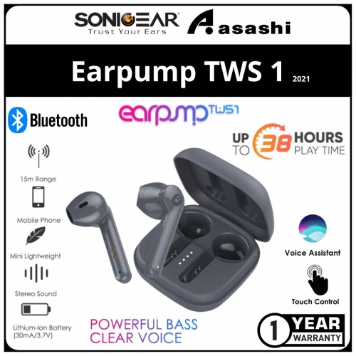 Sonic Gear Earpump TWS 1 (Grey) True Wireless Stereo Earphone Bluetooth/ 38 Hour Playtime/ 60ms Low Latency/ TWS Earbuds