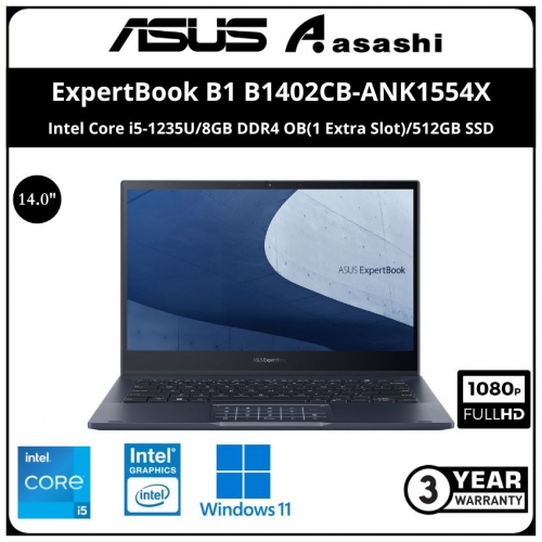 Asus ExpertBook B1 Commercial Notebook-B1402CB-ANK1554X -(Intel Core i5-1235U/8GB DDR4 OB(1 Extra Slot)/512GB SSD/14