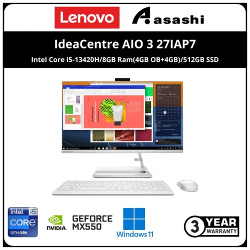 Lenovo IdeaCentre AIO 3 27IAP7 PC-F0GJ00F7MI-(Intel Core i5-13420H/8GB Ram(4GB OB+4GB)/512GB SSD/Nvidia MX550 2GB Graphic/27