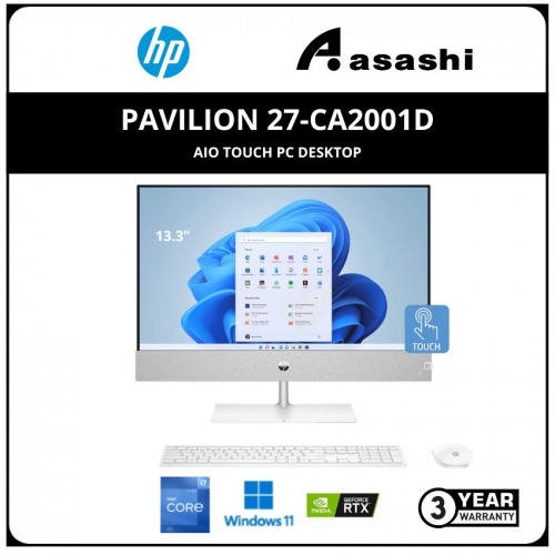 HP Pavilion 27-ca2001d AiO Touch PC Desktop-81T08PA-(Intel Core i7-13700T/16GB DDR4/1TB SSD/No-ODD/WiFi + BT/Nvidia RTX3050 4GB Graphic/Webcam + Mic/27