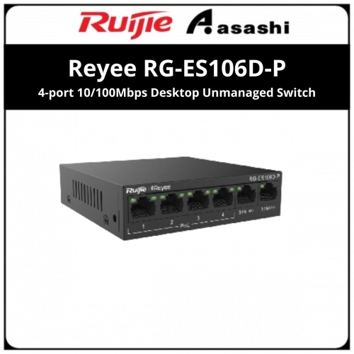 Ruijie Reyee RG-ES106D-P 4-Port 10/100Mbps + 2 Uplink port 10/100Mbps, 4 of the ports support PoE/PoE+ power supply. Max PoE power budget is 58W, unmanaged switch, desktop