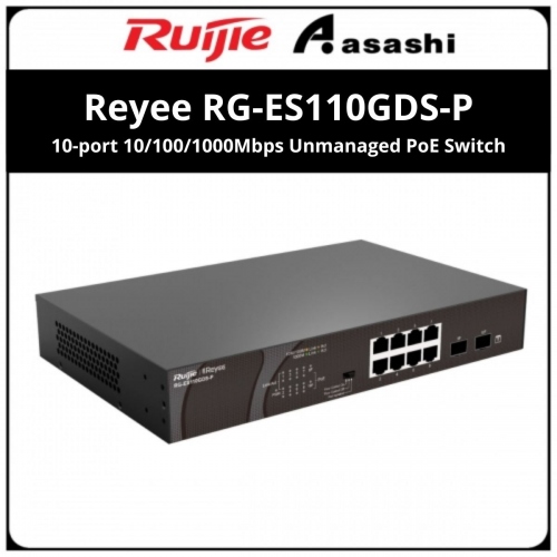 Ruijie Reyee RG-ES110GDS-P 8 x 1000M copper ports and 2 x 1000M uplink SFP ports: 8 ports for PoE/PoE+, with the maximum PoE power up to 120 W; unmanaged switch;