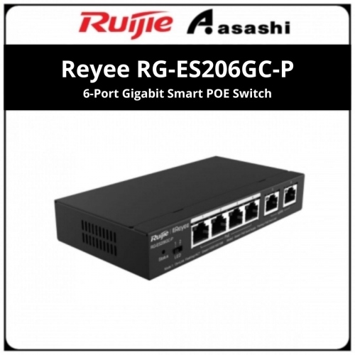 Ruijie Reyee RG-ES206GC-P 6-Port Gigabit Smart POE Switch, 4 PoE/POE+ Ports with 2 Gigabit RJ45 uplink ports, 54W PoE power budget, Desktop Steel Case