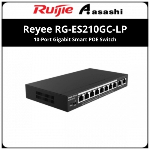 Ruijie Reyee RG-ES210GC-LP 10-Port Gigabit Smart POE Switch, 8 PoE/POE+ Ports with 2 Gigabit RJ45 uplink ports, 70W PoE power budget, Desktop Steel Case