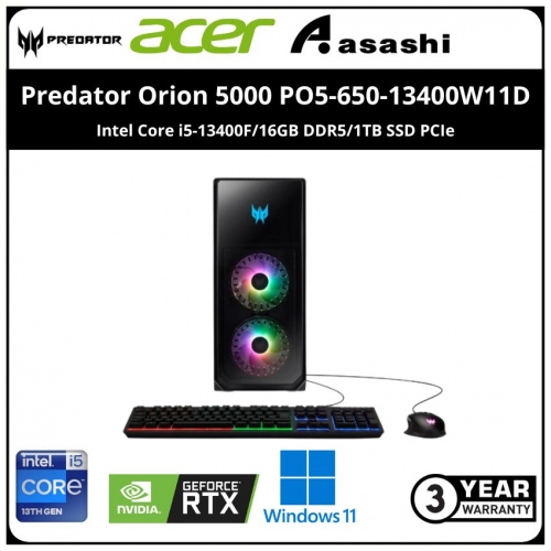 Acer Predator Orion 5000 PO5-650-13400W11D Gaming Desktop-(Intel Core i5-13400F/16GB DDR5/1TB SSD PCIe/Nvidia RTX4070 Ti 12GBD6/Win11Home /3Yr Onsite/Predator KB & Mouse)