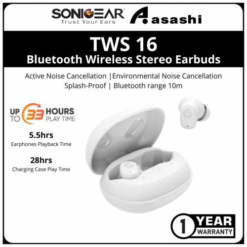 Sonic Gear TWS 16 (White) ANC Bluetooth IPX 4 Wireless Stereo Earbuds