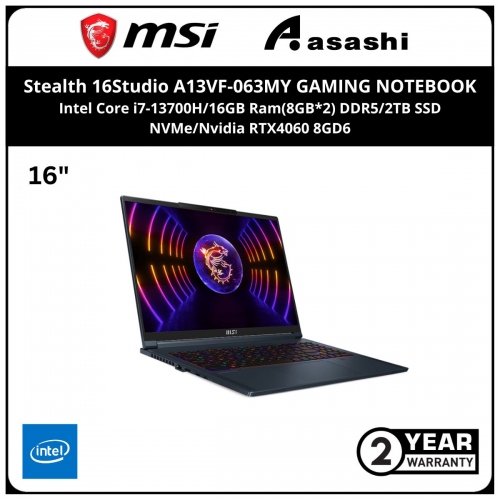 MSI Stealth 16Studio A13VF-063MY GAMING NOTEBOOK-(Intel Core i7-13700H/16GB Ram(8GB*2) DDR5/2TB SSD NVMe/Nvidia RTX4060 8GD6/16