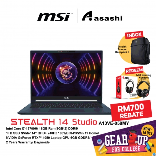 MSI Stealth 14Studio A13VE-058MY GAMING NOTEBOOK-(Intel Core i7-13700H/16GB Ram(8GB*2) DDR5/1TB SSD NVMe/NVIDIA GeForce RTX™ 4050 Laptop GPU 6GB GDDR6/14