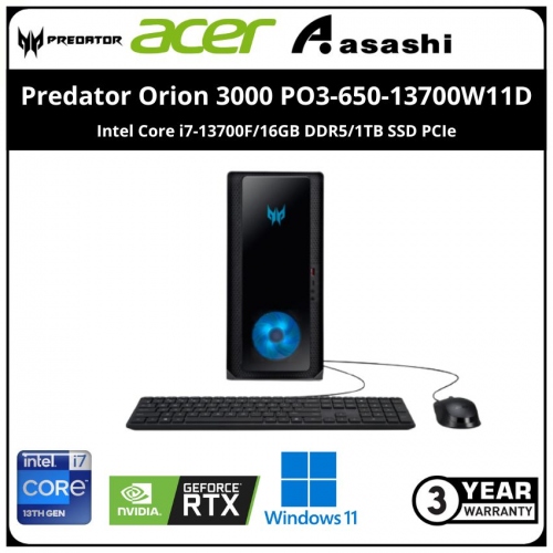 Acer Predator Orion 3000 PO3-650-13700W11D Gaming Desktop-(Intel Core i7-13700F/16GB DDR5/1TB SSD PCIe/Nvidia RTX3070 16GBD6/Win11Home /3Yr Onsite/Predator KB & Mouse)