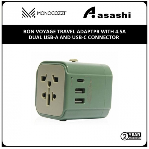 Monocozzi Bon Voyage Travel Adaptpr With 4.5A Dual Usb-A And Usb-C Connector - Green
