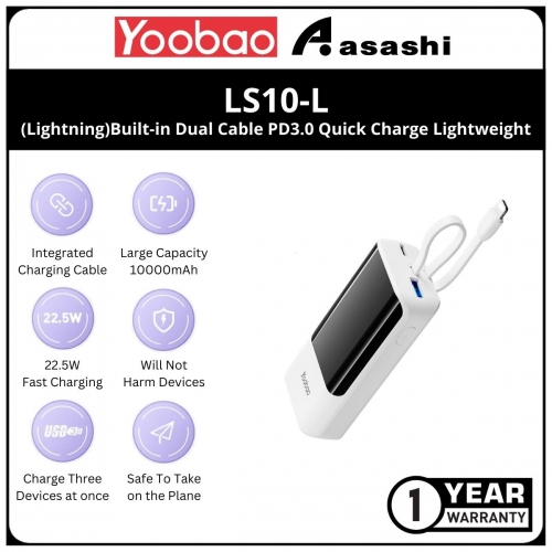 Yoobao LS10-L (Lightning) 10000mAh Built-in Dual Cable PD3.0 Quick Charge Lightweight and Ergonomic Design Power Bank - White (1 yrs Limited Hardware Warranty)