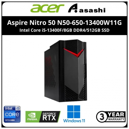 Acer Aspire Nitro 50 N50-650-13400W11G Gaming Desktop (Intel Core i5-13400F/8GB DDR4/512GB SSD/Nvidia RTX4060 8GBD6 Graphic/Win11Home /3Yr Onsite/Acer Wireless KB & Mouse)