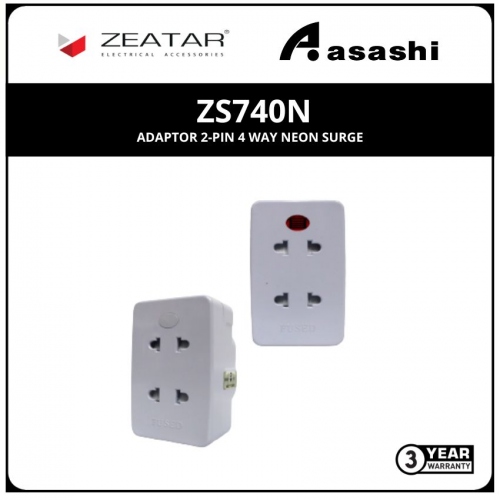 Zeatar ZS740N Adaptor 2-Pin 4 Way Neon Surge (3yrs Limited Warranty)