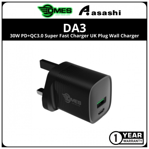 DMES DA3 30W PD+QC3.0 Super Fast Charger UK Plug Wall Charger - 1Y