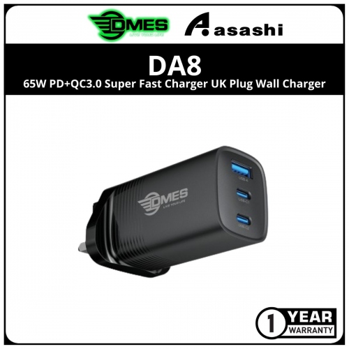 DMES DA8 65W PD+QC3.0 Super Fast Charger UK Plug Wall Charger - 1Y