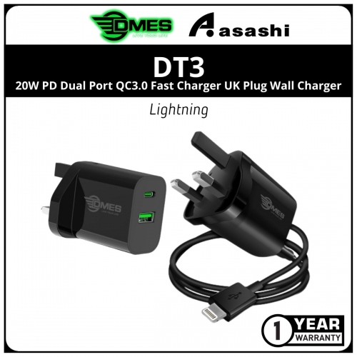 DMES DT3 - 20W PD Dual Port QC3.0 Fast Charger UK Plug Wall Charger - Lightning 1Y