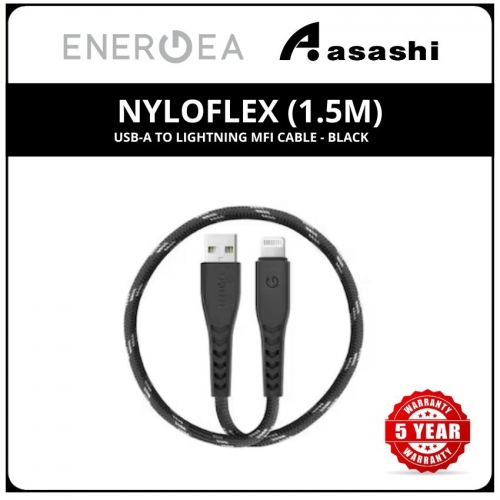 Energea NyloFlex (1.5m) USB-A to Lightning MFI Cable - Black (5yrs Limited Hardware Warranty)