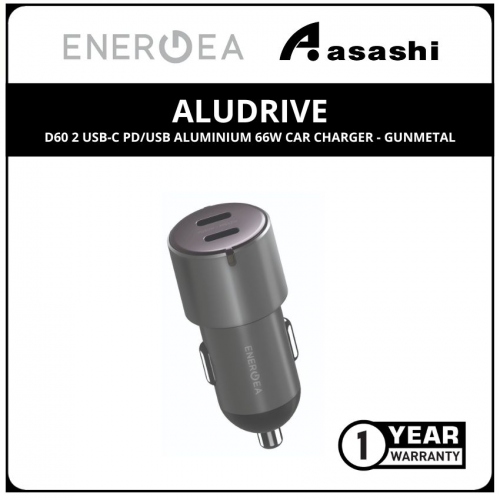 Energea AluDrive D60 2 USB-C PD/USB Aluminium 66W Car 
Charger - GunMetal (1 yrs Limited Hardware Warranty)