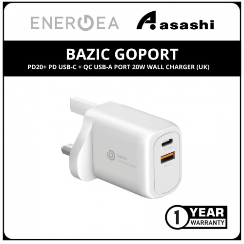 Energea BAZIC GoPort PD20+ PD USB-C + QC USB-A Port 20w Wall Charger (UK) (1 yrs Limited Hardware Warranty)