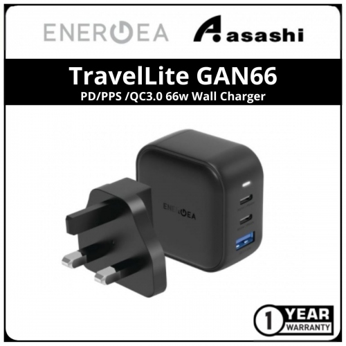 Energea TravelLite GAN66 PD / PPS / QC3.0 66w Wall Charger (US+UK) (1 yrs Limited Hardware Warranty)