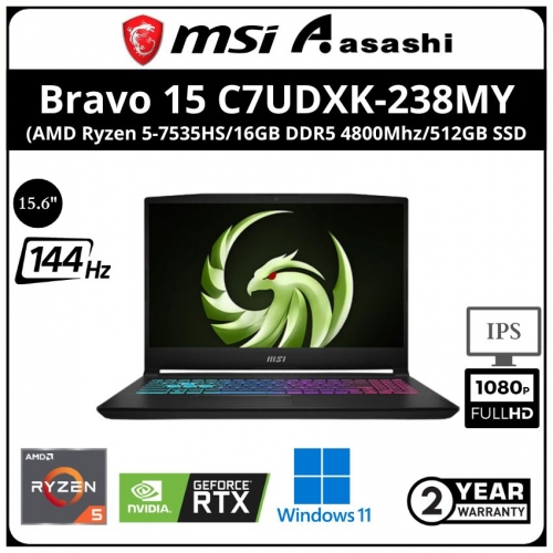 MSI Bravo 15 C7UDXK-238MY Gaming Notebook (AMD Ryzen 5-7535HS/16GB DDR5 4800Mhz(8*2)/512GB SSD(1 extra M.2)/NVIDIA® GeForce RTX™ 3050 Laptop GPU 6GB GDDR6/15.6