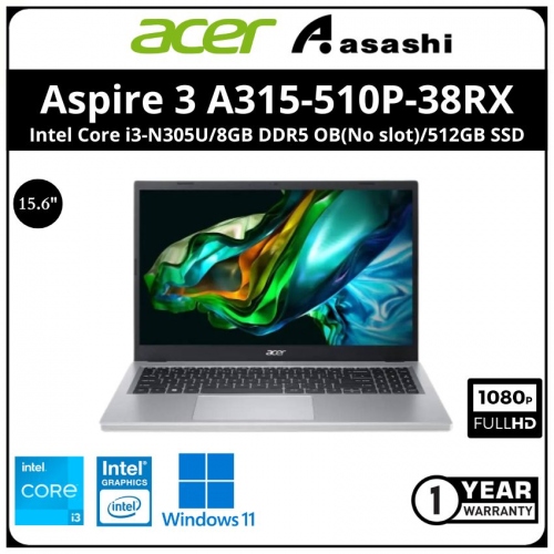 Acer Aspire 3 A315-510P-38RX Notebook-(Intel Core i3-N305U/8GB DDR5 OB(No slot)/512GB SSD/No ODD/15.6