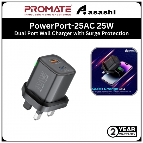 Promate PowerPort-25AC 25W Power Delivery Dual Port Wall Charger with Surge Protection - Black (2 year Manufacturer Warranty)