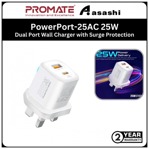Promate PowerPort-25AC 25W Power Delivery Dual Port Wall Charger with Surge Protection - White (2 year Manufacturer Warranty)