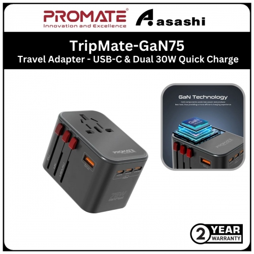 Promate TripMate-GaN75 GaNFast™ Travel Adapter with 75W Power Delivery Triple USB-C & Dual 30W Quick Charge 3 (2yrs manufacture limited warranty)