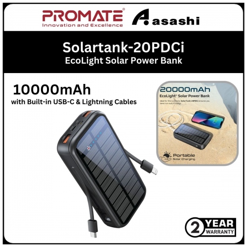 Promate Solartank-20PDCi 20000mAh EcoLight™ Solar Power Bank with Built-in USB-C & Lightning Cables (2yrs Manufacturer Warranty)