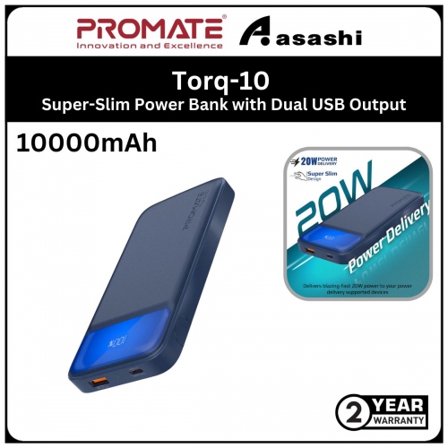 Promate Torq-10 10000mAh Super-Slim Power Bank with Dual USB Output - Navy (2yrs Manufacturer Warranty)