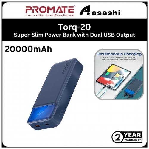 Promate Torq-20 20000mAh Super-Slim Power Bank with Dual USB Output - Navy (2yrs Manufacturer Warranty)
