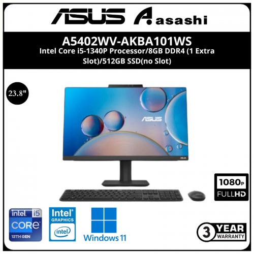 Asus A5402WV-AKBA101WS Commercial AIO (Intel Core i5-1340P Processor/8GB DDR4 (1 Extra Slot)/512GB SSD(no Slot)/23.8