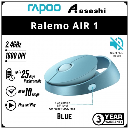 Rapoo Ralemo AIR 1 Silent (Blue) Multi-mode Wireless Mouse - 3Y