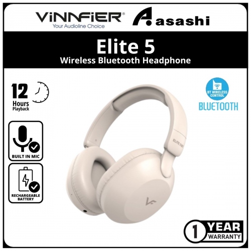 Vinnfier Elite 5 (Oat) Wireless Bluetooth Headphone - 1Y