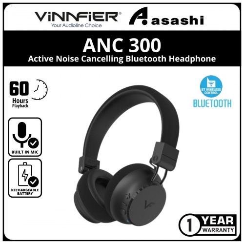 Vinnfier ANC 300 (Black) Active Noise Cancelling Bluetooth Headphone Strong Bass Bluetooth V5.3 up to 60H Playtime - 1Y