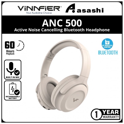 Vinnfier ANC 500 BT (BEIGE) Active Noise Cancelling Bluetooth Headphone Strong Bass Bluetooth V5.3 up to 60H Playtime - 1Y