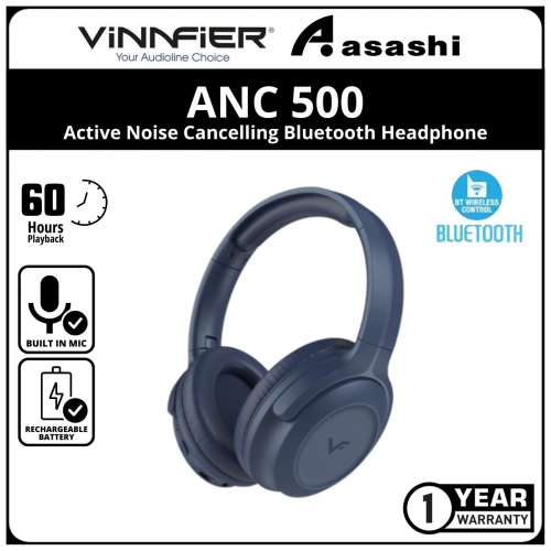 Vinnfier ANC 500 BT (D.BLUE) Active Noise Cancelling Bluetooth Headphone Strong Bass Bluetooth V5.3 up to 60H Playtime - 1Y