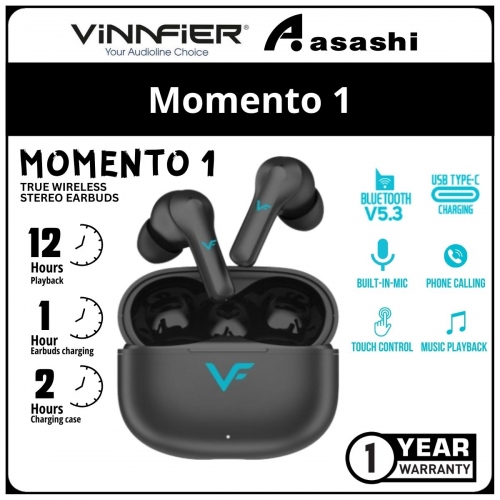 Vinnfier Momento 1 (Black) True Wireless Stereo Earbud - 1Y