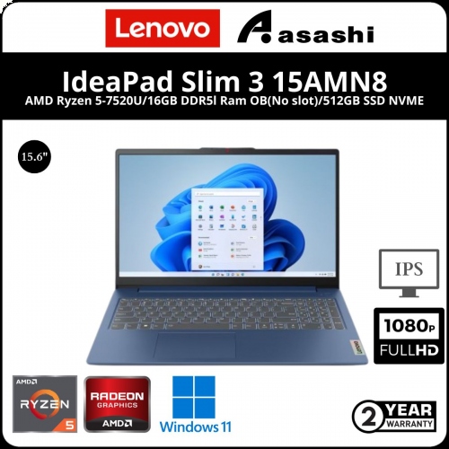 Lenovo IdeaPad Slim 3 15AMN8 Notebook-82XQ003WMJ-(AMD Ryzen 5-7520U/16GB DDR5l Ram OB(No slot)/512GB SSD NVME/Integrated AMD Radeon™ Graphics/15.6