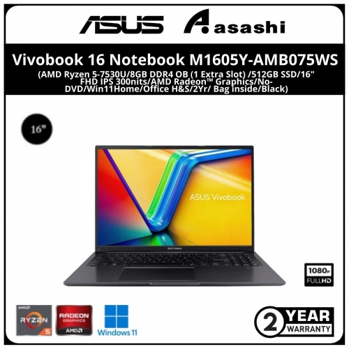 Asus Vivobook 16 Notebook-M1605Y-AMB075WS-(AMD Ryzen 5-7530U/8GB DDR4 OB (1 Extra Slot) /512GB SSD/16
