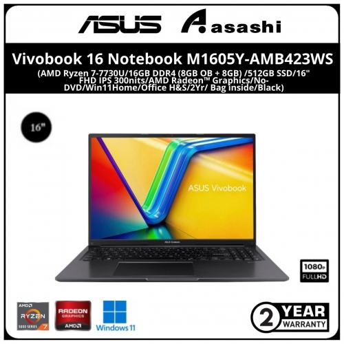 Asus Vivobook 16 Notebook-M1605Y-AMB423WS-(AMD Ryzen 7-7730U/16GB DDR4 (8GB OB + 8GB) /512GB SSD/16