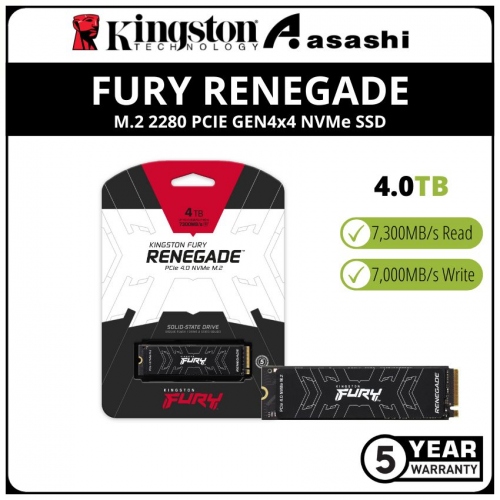 Kingston Fury Renegade 4TB M.2 2280 PCIE Gen4 x4 NVMe SSD (Up to 7300MB/s Read Speed & 6000MB/s Write Speed)