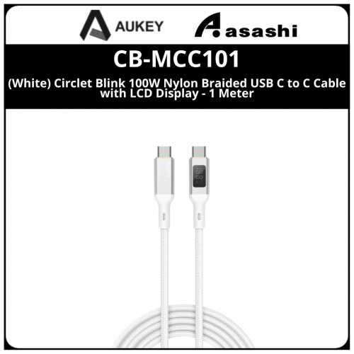 AUKEY CB-MCC101 (White) Circlet Blink 100W Nylon Braided USB C to C Cable with LCD Display - 1 Meter