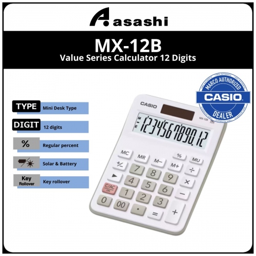 Casio Mini Desk MX-12B Calculator - White (12months Warrany) MUST KEEP BOX FOR WARRANTY