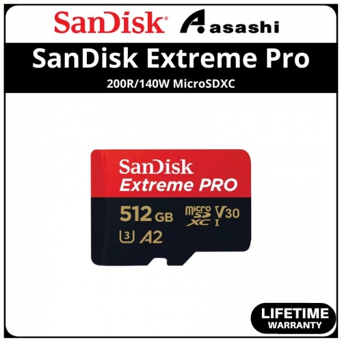 Sandisk (SDSQXCD-512G-GN6MA) Extreme Pro 512GB UHS-I U3 V30 Class10 MicroSDXC Card - Up to 200MB/s Read Speed,140MB/s Write Speed