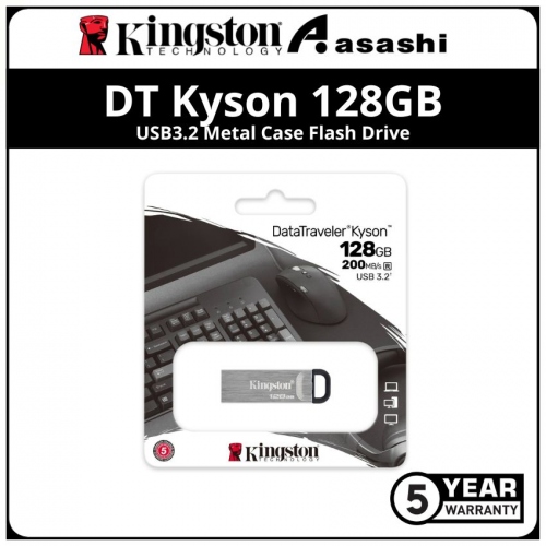 Kingston DT Kyson 128GB USB3.2 Metal Case Flash Drive - Up to 200MB/s Read Speed, 60MB/s Write Speed