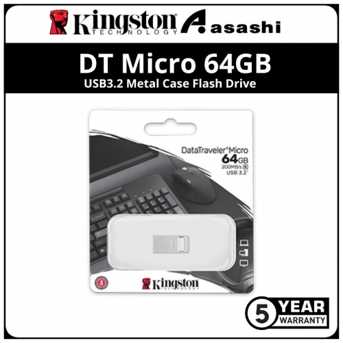 Kingston DT Micro 64GB USB3.2 Metal Case Flash Drive - Up to 200MB/s Read Speed